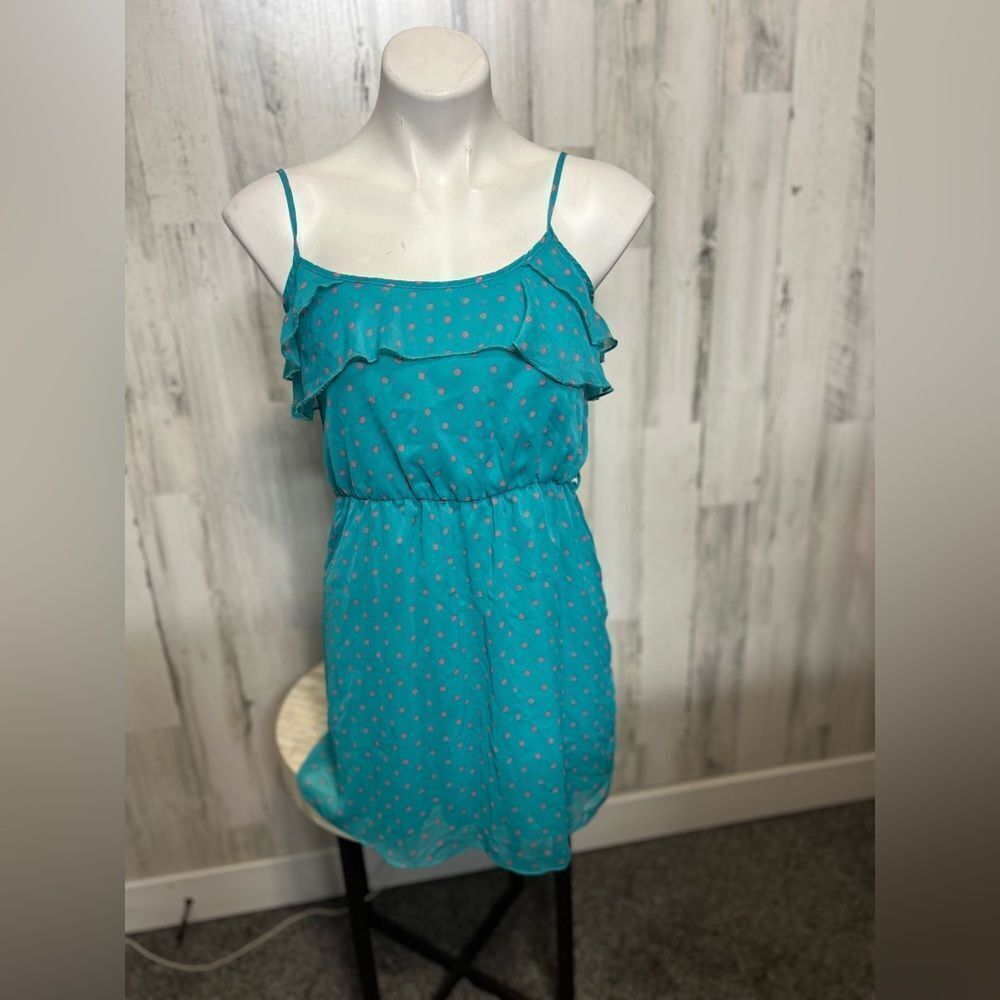 Rue21 Teal Polka Dot Ruffle Mini Dress Size Small Spaghetti Strap Summer Dress